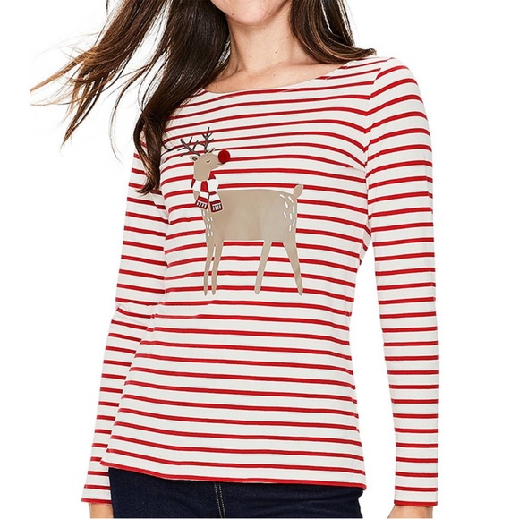 BODEN Breton Stripe Top Christmas Reindeer Rudolph Size 4 - Picture 10 of 10